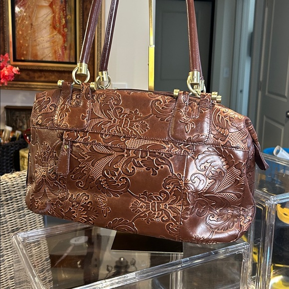 Sharif Bronze Floral Embossed Leather Satchel 14”x 9.5”x 5.25” NWOT - Picture 5 of 9
